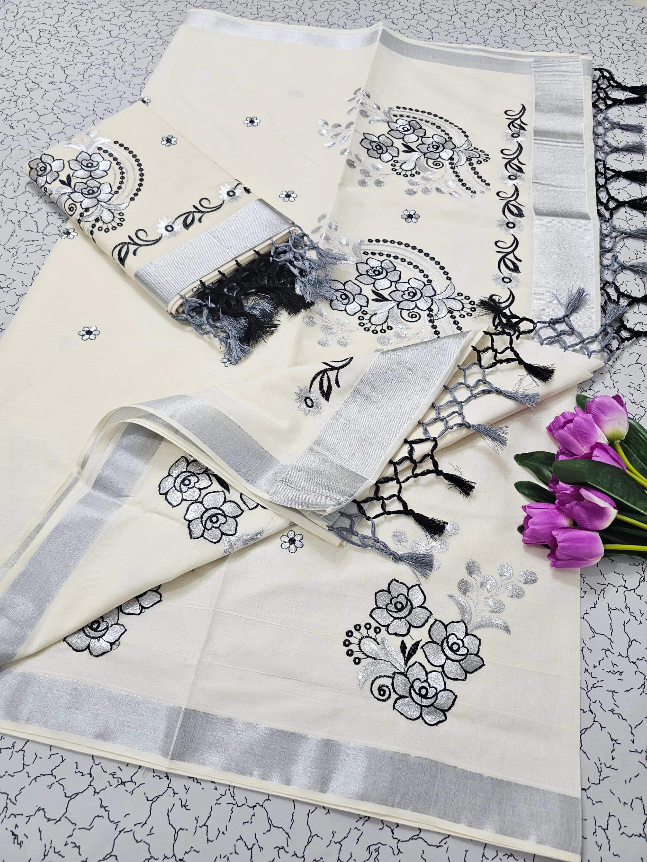 Cotton Embroidered Saree with Blouse