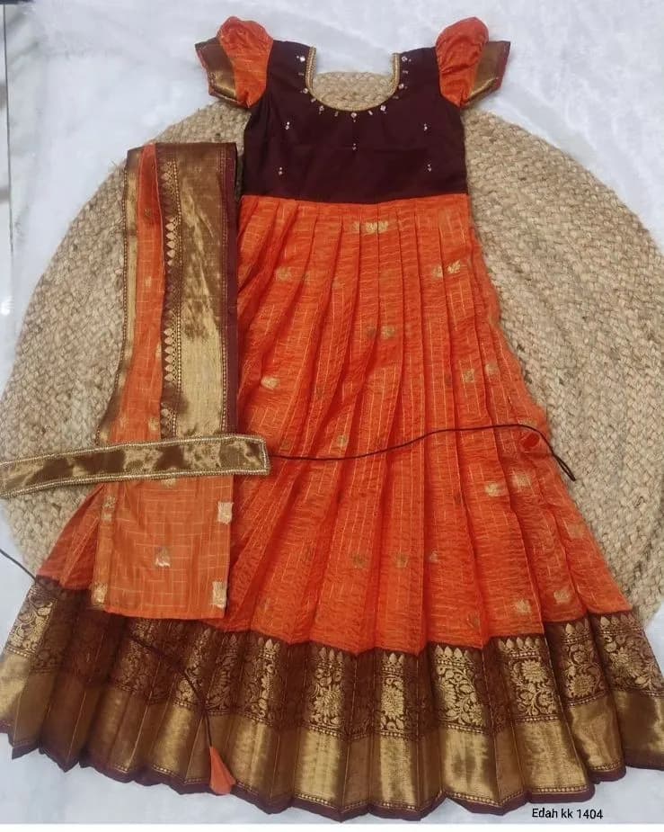 🧡🧡Premium Rust Orange Half Pattu Crepe Silk Gown For Little Princess🧡🧡