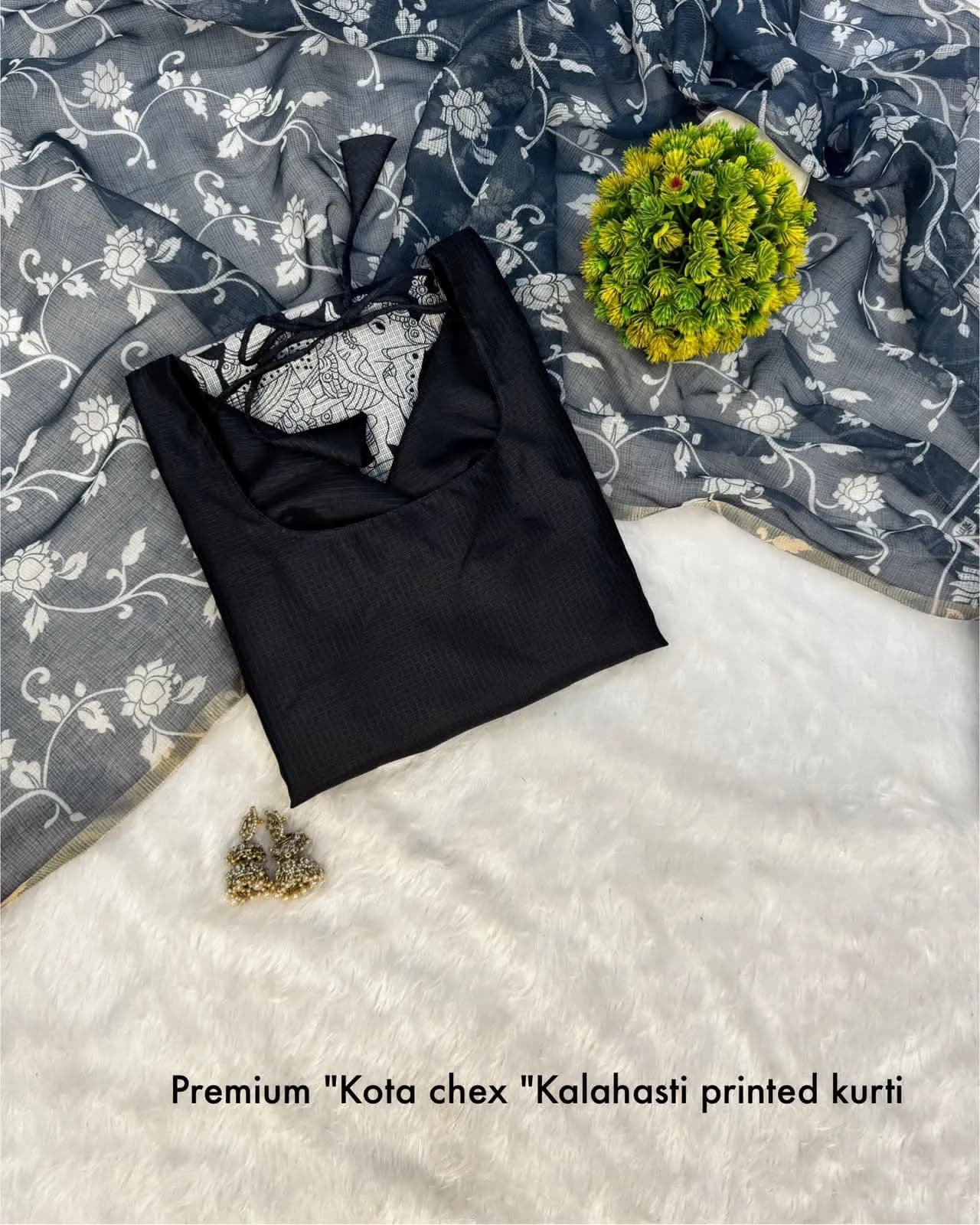 🍁🌸Viral Kalamkari khalahasti kota chex kurti with kalamkari dupatta🌸🍁