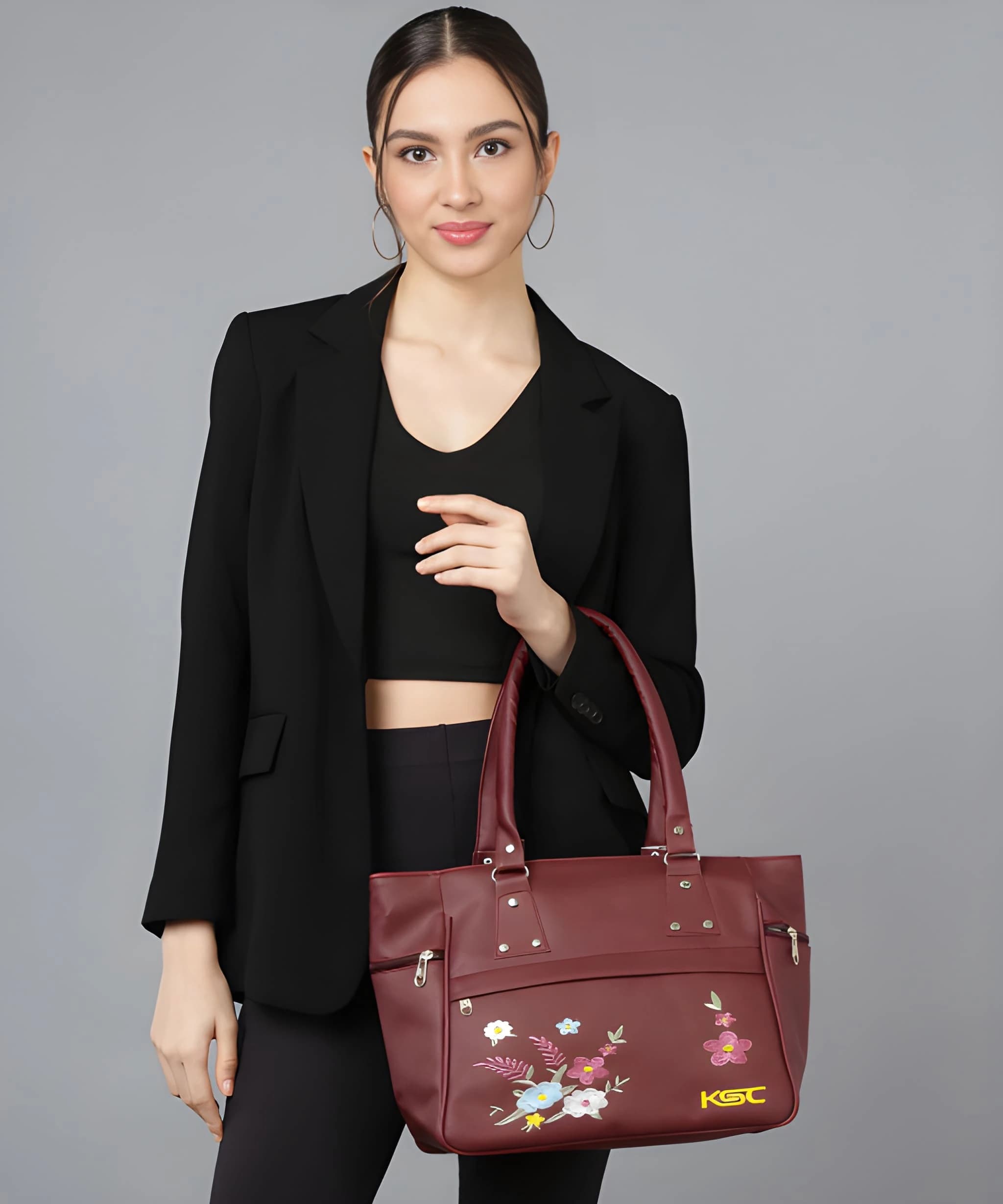 Ladies Handbag Spacious Organised Compartments with Golden Hardware & Cute Fur Ball Charm