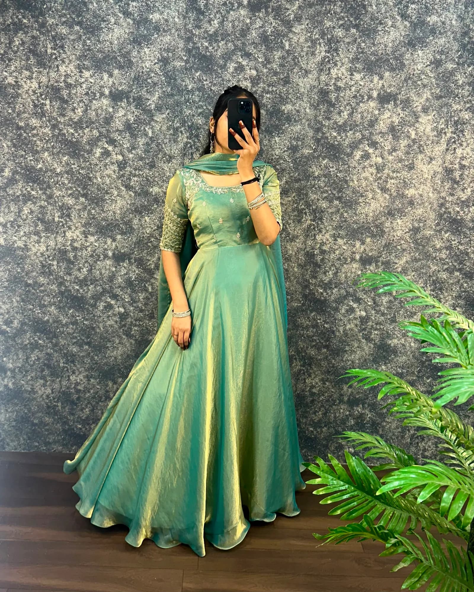 👑💗Luxurious Premium Fendy Satin Embroidery Work Gown With Dupatta👑💗