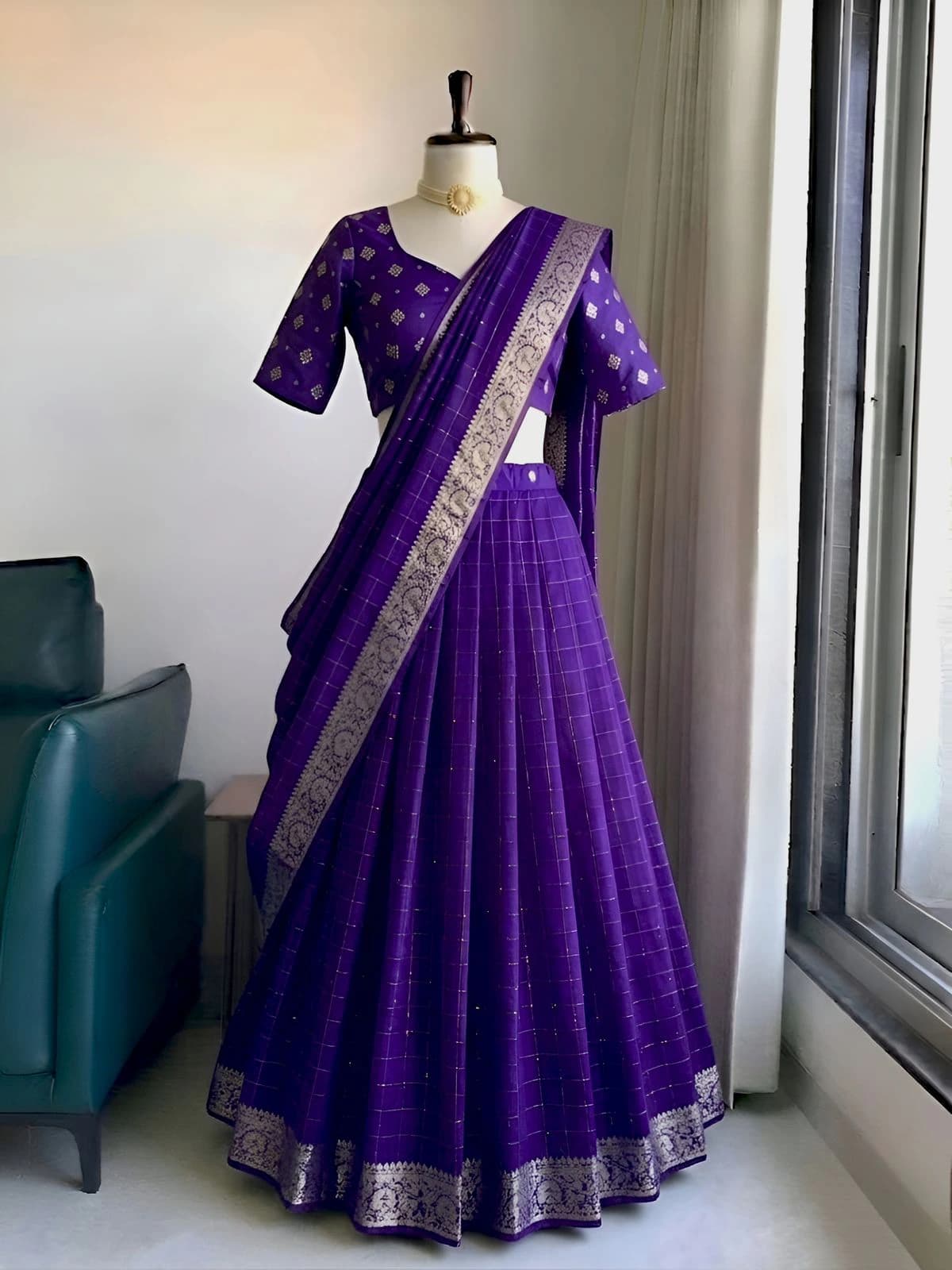 Viscose Georgette with heavy zari border lengha ,