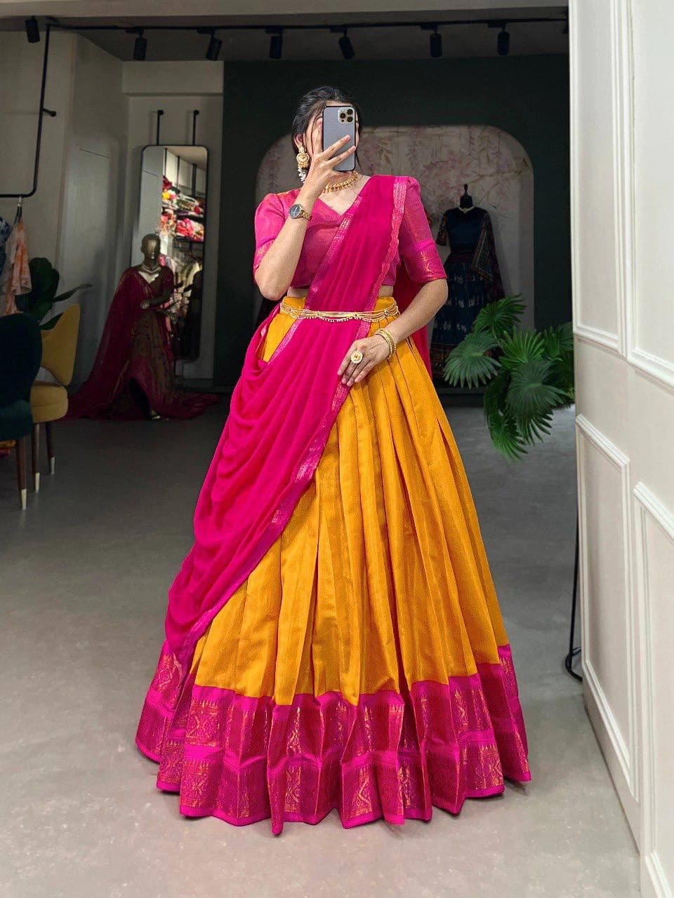 South-Style Kanchipuram Silk Lehenga Choli with Zari Weaving